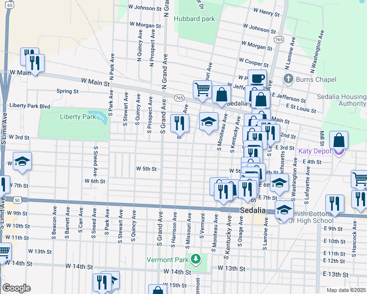 map of restaurants, bars, coffee shops, grocery stores, and more near 600 West 3rd Street in Sedalia