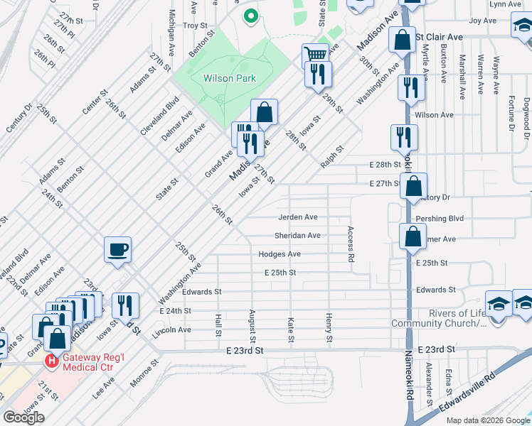 map of restaurants, bars, coffee shops, grocery stores, and more near 2670 Kate Street in Granite City