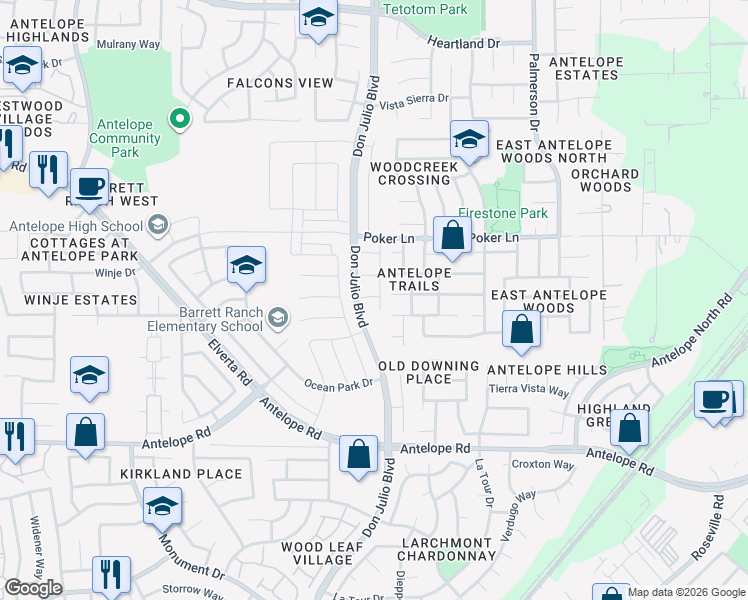 map of restaurants, bars, coffee shops, grocery stores, and more near 5101 Impala Run Place in Antelope