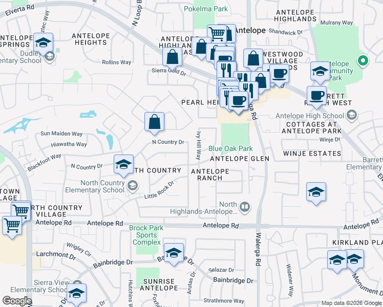 map of restaurants, bars, coffee shops, grocery stores, and more near 3986 North Country Drive in Antelope