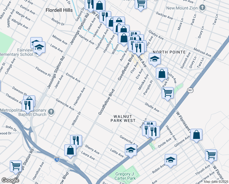 map of restaurants, bars, coffee shops, grocery stores, and more near 5535 Goodfellow Boulevard in St. Louis