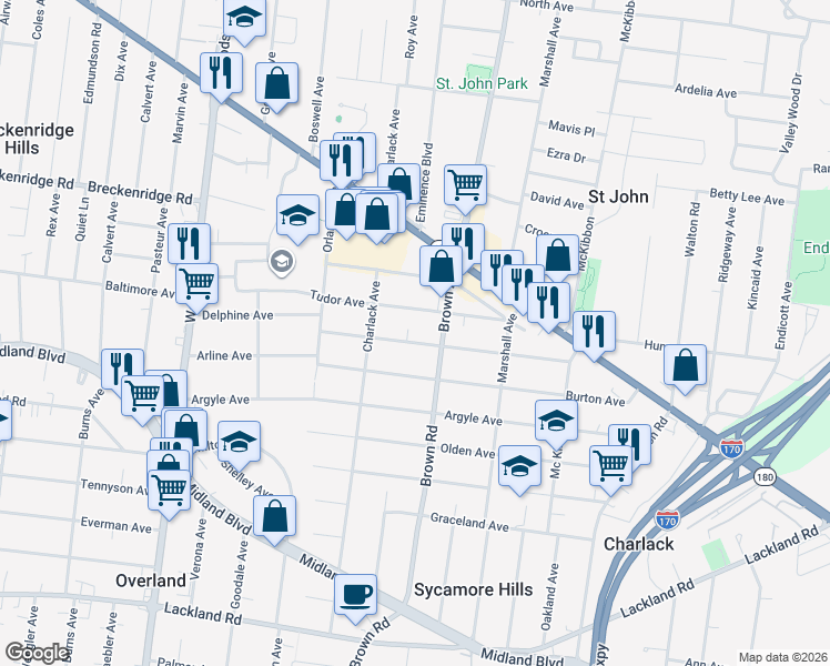map of restaurants, bars, coffee shops, grocery stores, and more near 8940 Tudor Avenue in Overland