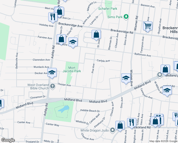 map of restaurants, bars, coffee shops, grocery stores, and more near 2885 Poe Avenue in Overland
