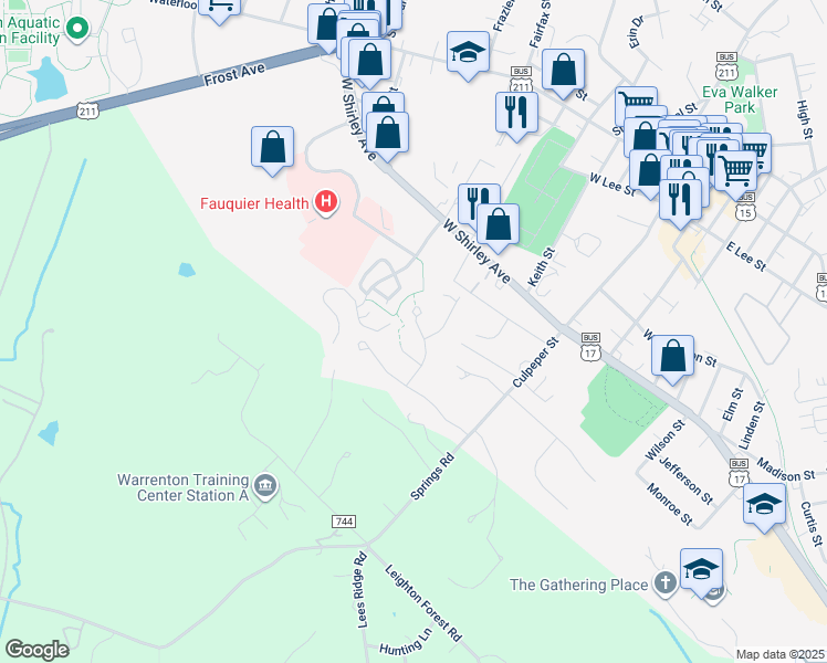 map of restaurants, bars, coffee shops, grocery stores, and more near 128 English Chase Lane in Warrenton