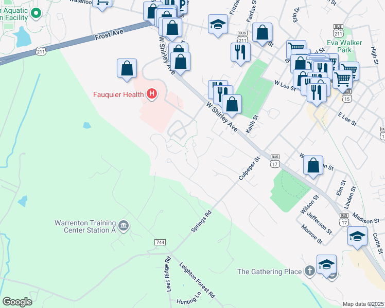 map of restaurants, bars, coffee shops, grocery stores, and more near 128 English Chase Lane in Warrenton
