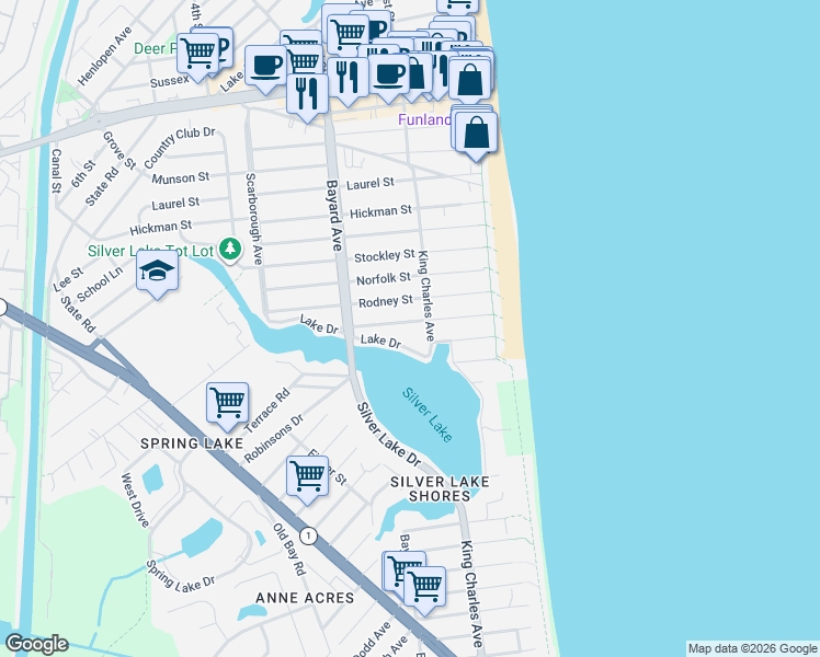 map of restaurants, bars, coffee shops, grocery stores, and more near 102 Saint Lawrence Street in Rehoboth Beach