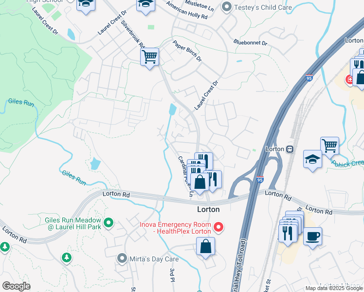 map of restaurants, bars, coffee shops, grocery stores, and more near 8317 Bluebird Way in Lorton