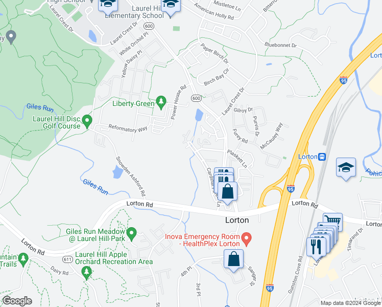 map of restaurants, bars, coffee shops, grocery stores, and more near 9224 Cardinal Forest Lane in Lorton