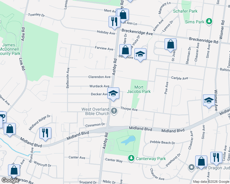 map of restaurants, bars, coffee shops, grocery stores, and more near 10465 Decker Avenue in Overland