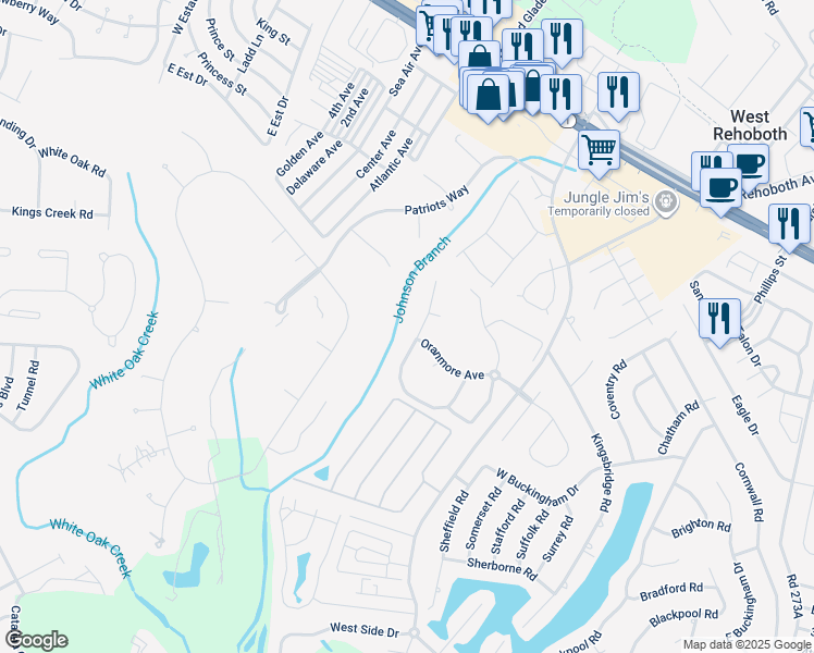 map of restaurants, bars, coffee shops, grocery stores, and more near 35 Kenmare Way in Rehoboth Beach