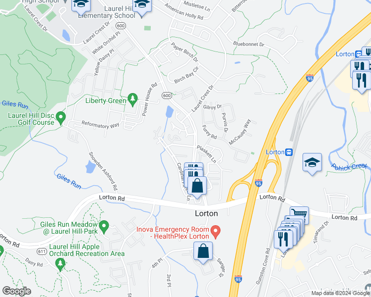 map of restaurants, bars, coffee shops, grocery stores, and more near 8303 Bluebird Way in Lorton