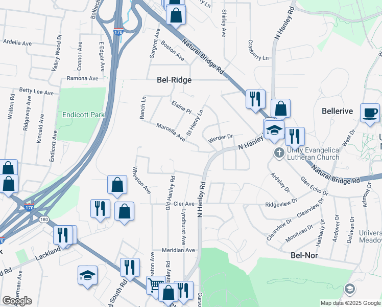 map of restaurants, bars, coffee shops, grocery stores, and more near 8702 Wales Road in St. Louis