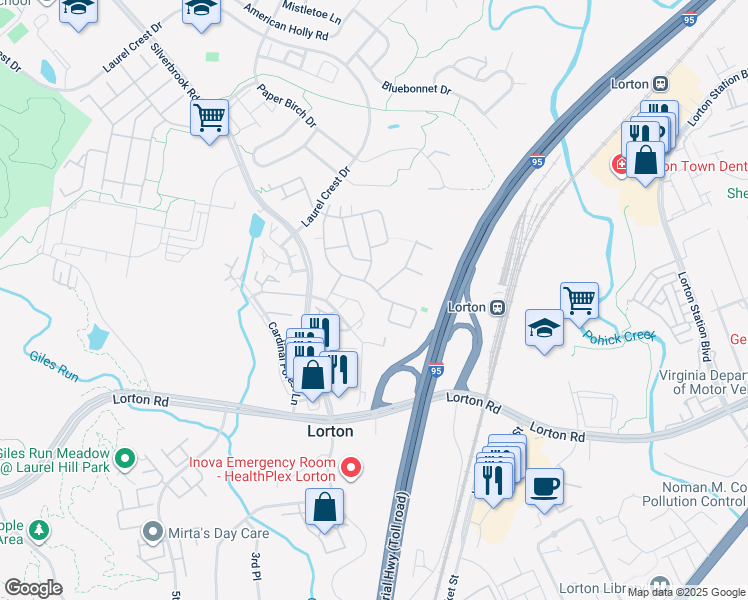 map of restaurants, bars, coffee shops, grocery stores, and more near 9118 Furey Road in Lorton