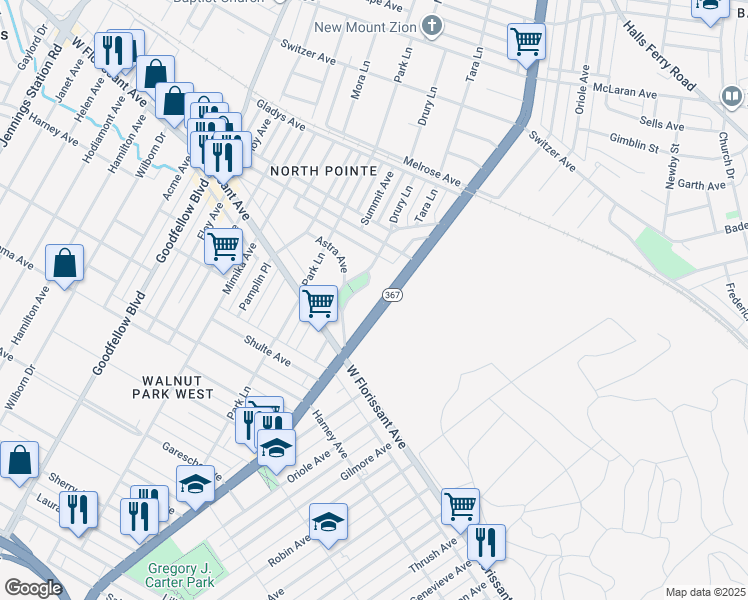 map of restaurants, bars, coffee shops, grocery stores, and more near 5779 Riverview Boulevard in St. Louis