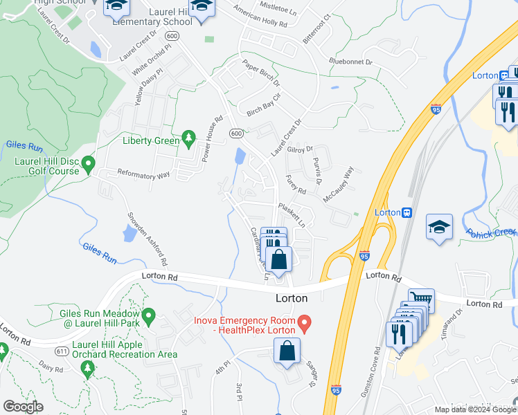 map of restaurants, bars, coffee shops, grocery stores, and more near 8311H Bluebird Way in Lorton