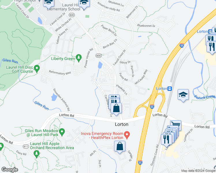 map of restaurants, bars, coffee shops, grocery stores, and more near 8311 Bluebird Way in Lorton