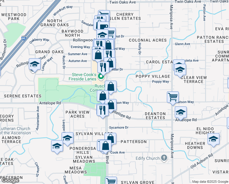 map of restaurants, bars, coffee shops, grocery stores, and more near 7828 Auburn Boulevard in Citrus Heights
