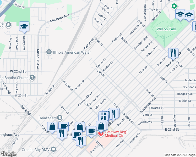 map of restaurants, bars, coffee shops, grocery stores, and more near 2330 Benton Street in Granite City