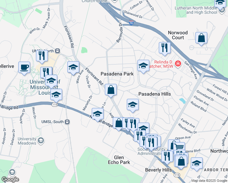 map of restaurants, bars, coffee shops, grocery stores, and more near 347 North Hills Drive in St. Louis