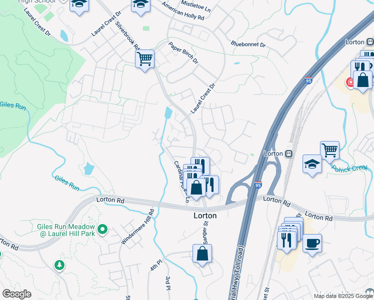 map of restaurants, bars, coffee shops, grocery stores, and more near 8303 Bluebird Way in Lorton