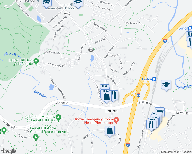 map of restaurants, bars, coffee shops, grocery stores, and more near 8317 Bluebird Way in Lorton