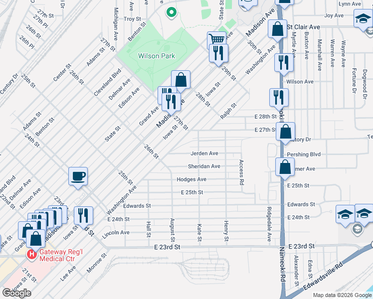 map of restaurants, bars, coffee shops, grocery stores, and more near 2670 Kate Street in Granite City