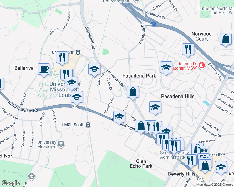 map of restaurants, bars, coffee shops, grocery stores, and more near 7711 Circle Drive in St. Louis