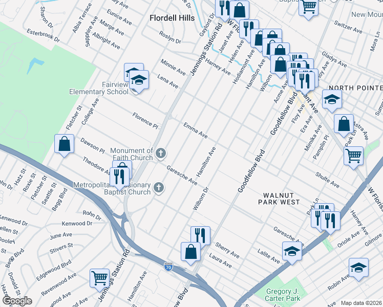 map of restaurants, bars, coffee shops, grocery stores, and more near 5447 Hodiamont Avenue in St. Louis