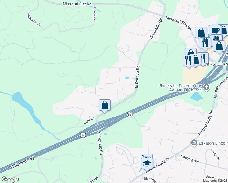 map of restaurants, bars, coffee shops, grocery stores, and more near 3820 Sunshine Lane in Placerville