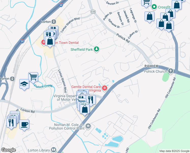 map of restaurants, bars, coffee shops, grocery stores, and more near 7630 Fairfield Woods Court in Lorton