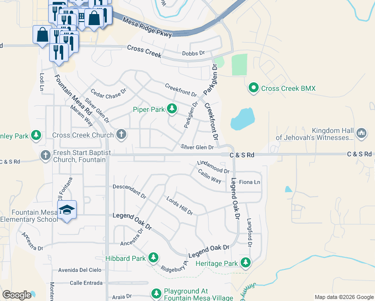 map of restaurants, bars, coffee shops, grocery stores, and more near 8734 Silver Glen Drive in Fountain