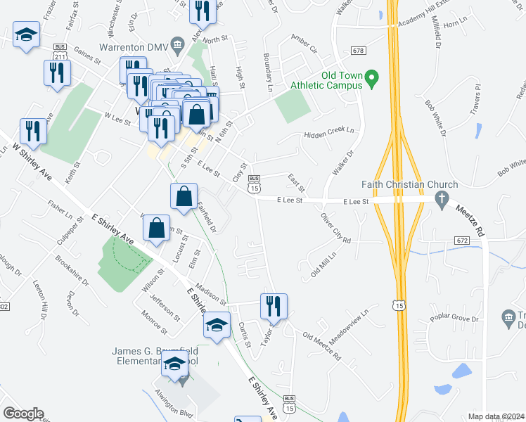 map of restaurants, bars, coffee shops, grocery stores, and more near 285 Falmouth Street in Warrenton