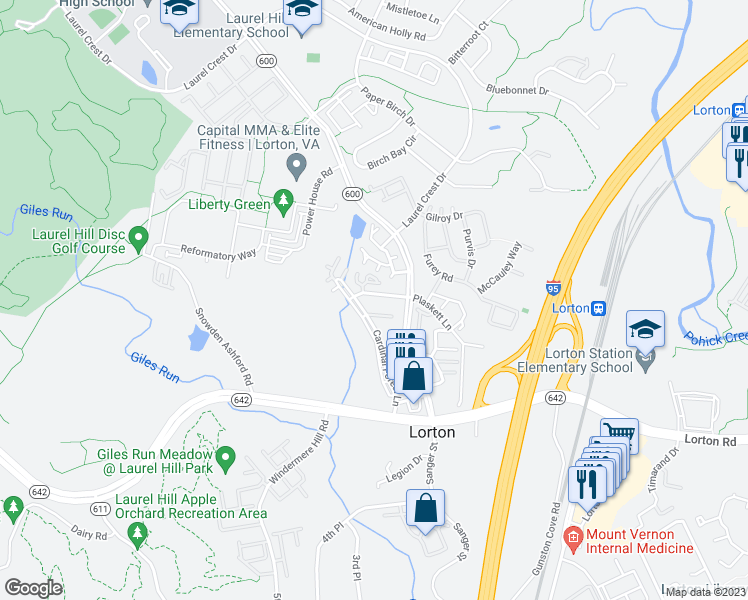 map of restaurants, bars, coffee shops, grocery stores, and more near 8317 Bluebird Way in Lorton