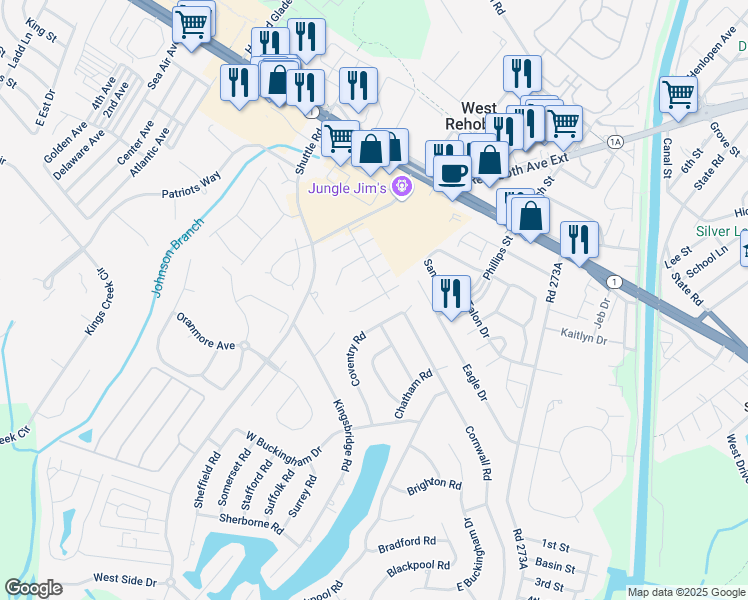 map of restaurants, bars, coffee shops, grocery stores, and more near 20368 Mallory Square Cir in Rehoboth Beach
