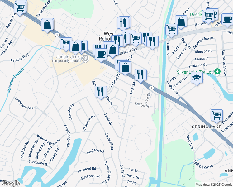 map of restaurants, bars, coffee shops, grocery stores, and more near 23 Eagles Landing in Rehoboth Beach