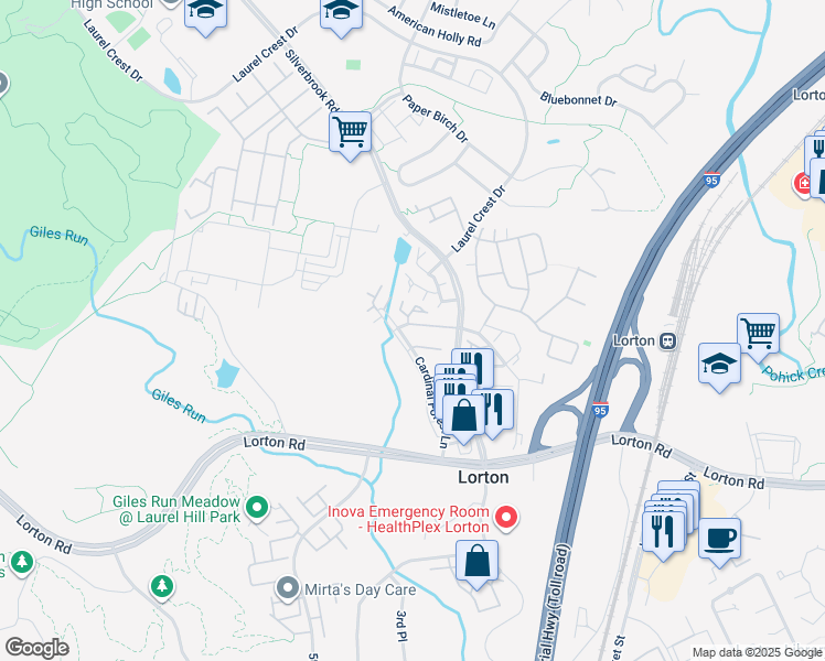 map of restaurants, bars, coffee shops, grocery stores, and more near 8327 Bluebird Way in Lorton
