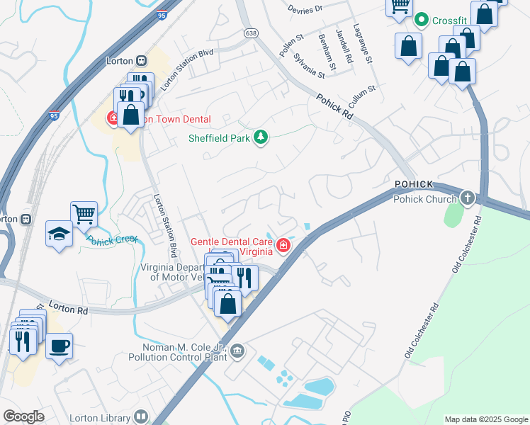 map of restaurants, bars, coffee shops, grocery stores, and more near 7655 Oakridge Woods Court in Lorton