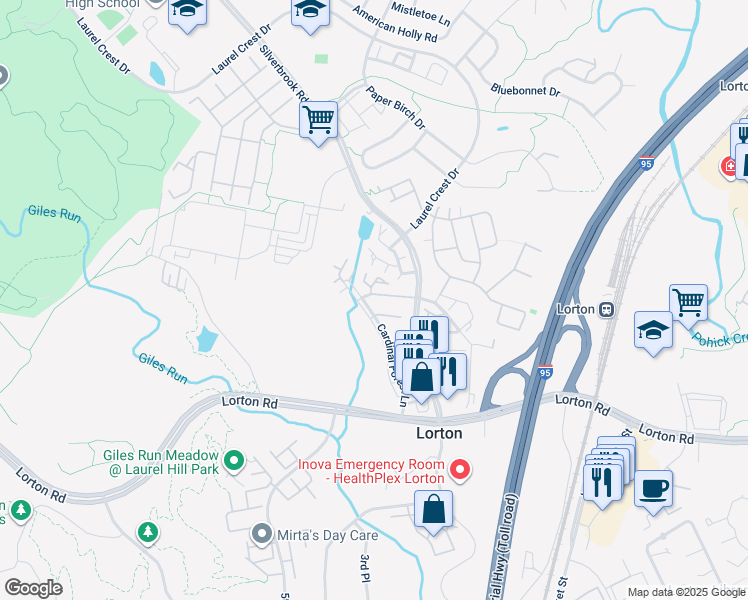 map of restaurants, bars, coffee shops, grocery stores, and more near 8327 Bluebird Way in Lorton