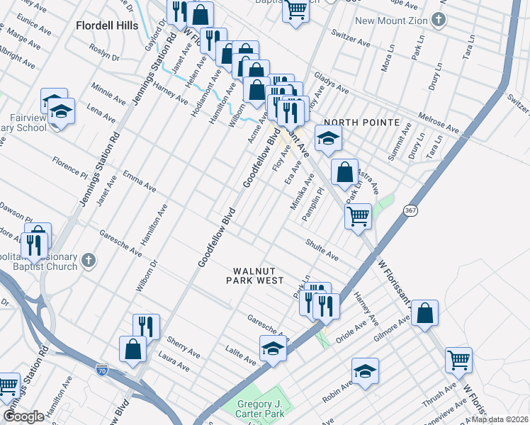 map of restaurants, bars, coffee shops, grocery stores, and more near 5556 Floy Avenue in St. Louis