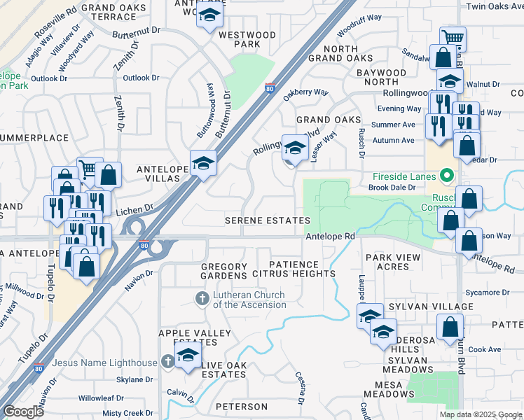 map of restaurants, bars, coffee shops, grocery stores, and more near 7837 Tabare Court in Citrus Heights