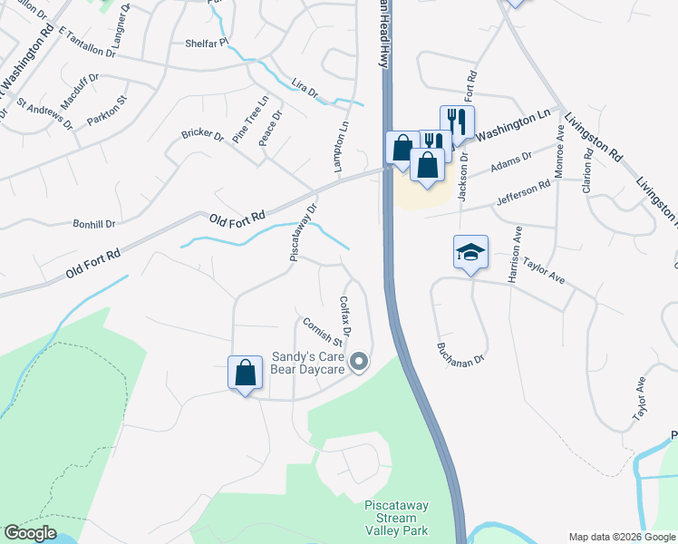 map of restaurants, bars, coffee shops, grocery stores, and more near 13201 Coldwater Drive in Fort Washington