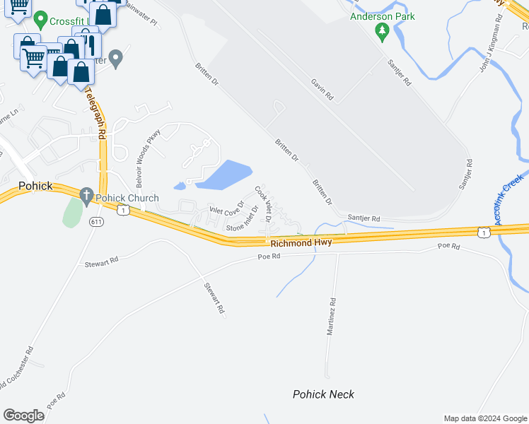 map of restaurants, bars, coffee shops, grocery stores, and more near 9134 Cook Inlet Drive in Fort Belvoir