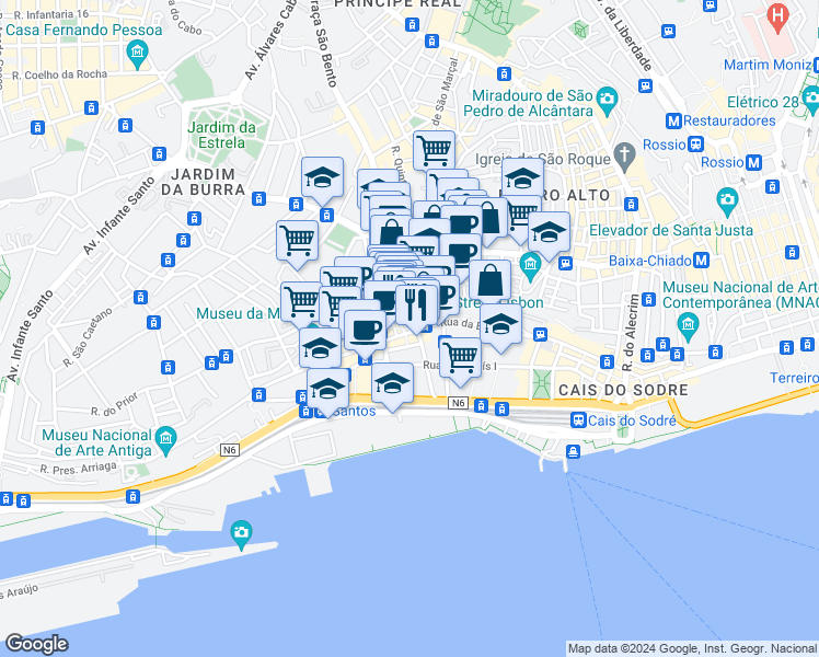 map of restaurants, bars, coffee shops, grocery stores, and more near Largo do Conde Barão in Lisboa