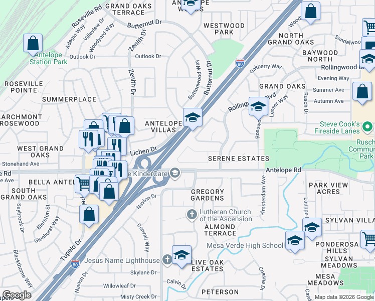 map of restaurants, bars, coffee shops, grocery stores, and more near 6900 Oak Spring Way in Citrus Heights