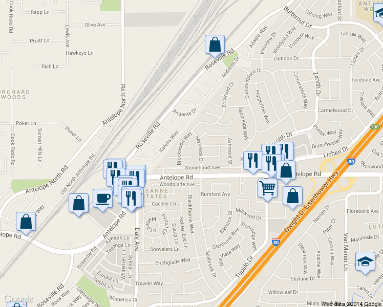 map of restaurants, bars, coffee shops, grocery stores, and more near 6117 Sandwood Ct in Citrus Heights