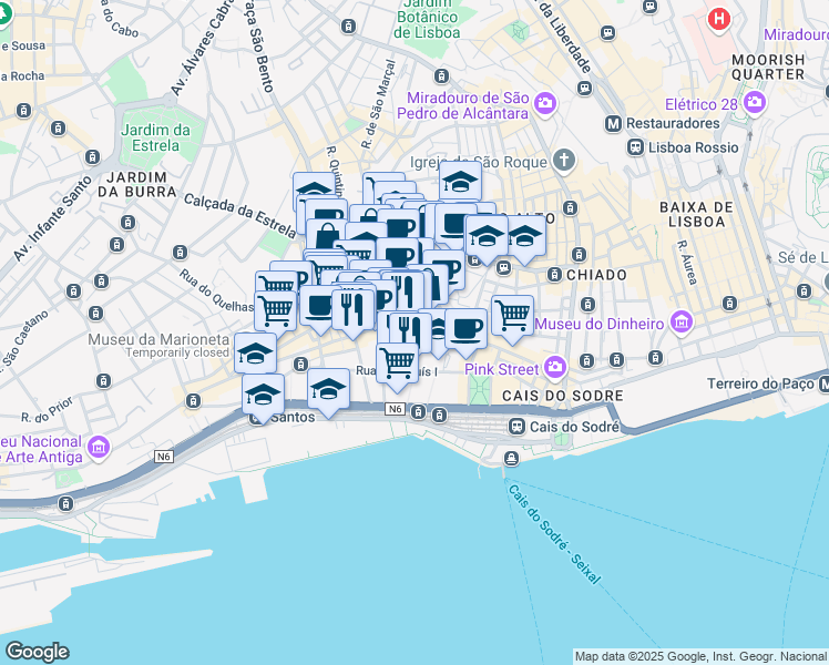 map of restaurants, bars, coffee shops, grocery stores, and more near 51 Rua da Boavista in Lisboa
