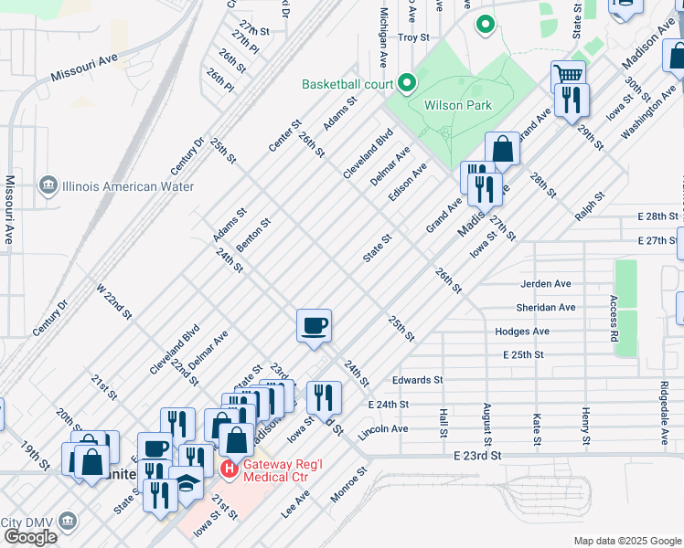 map of restaurants, bars, coffee shops, grocery stores, and more near 2511 State Street in Granite City