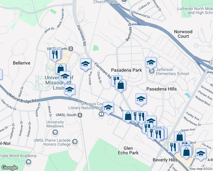 map of restaurants, bars, coffee shops, grocery stores, and more near 7711 Circle Drive in St. Louis
