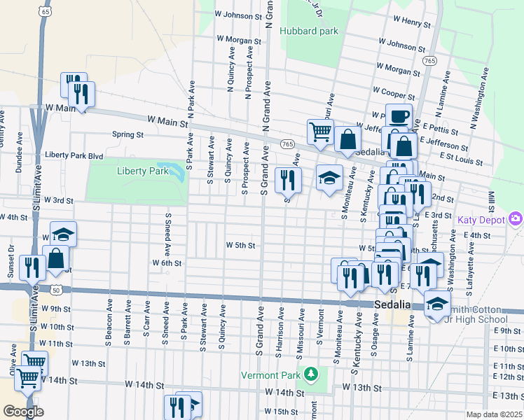 map of restaurants, bars, coffee shops, grocery stores, and more near 817 West 3rd Street in Sedalia