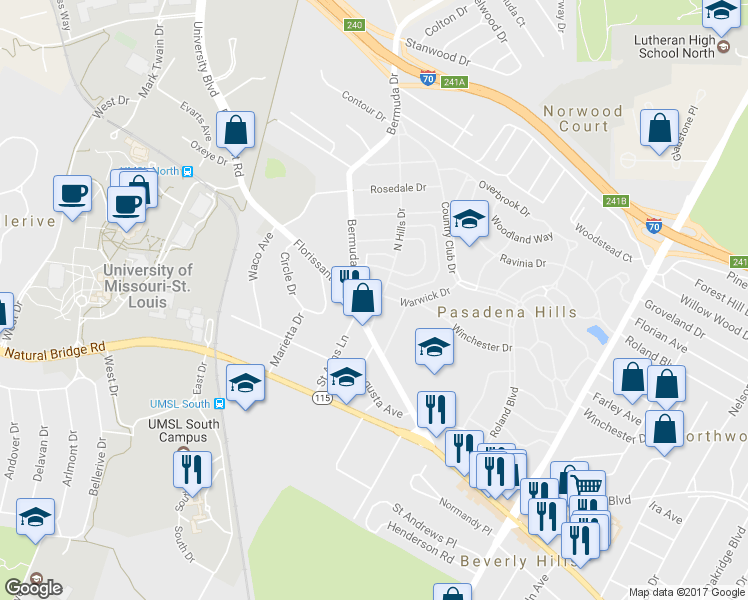 map of restaurants, bars, coffee shops, grocery stores, and more near 347 North Hills Drive in St. Louis